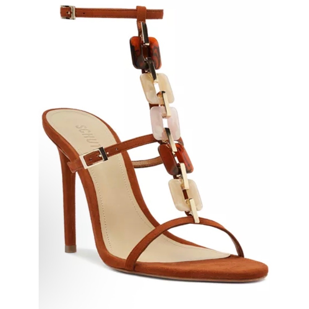 Schutz Cassandra Suede T-Strap Resin Chain Link Heel Sandals Honey Ginger 7.5B